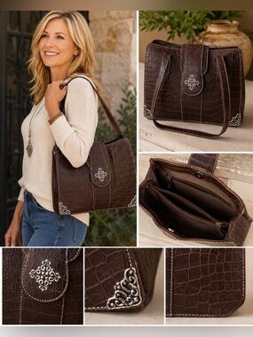 Embellished Croc Embossed Brown Shoulder Bag Silver Accent Purse